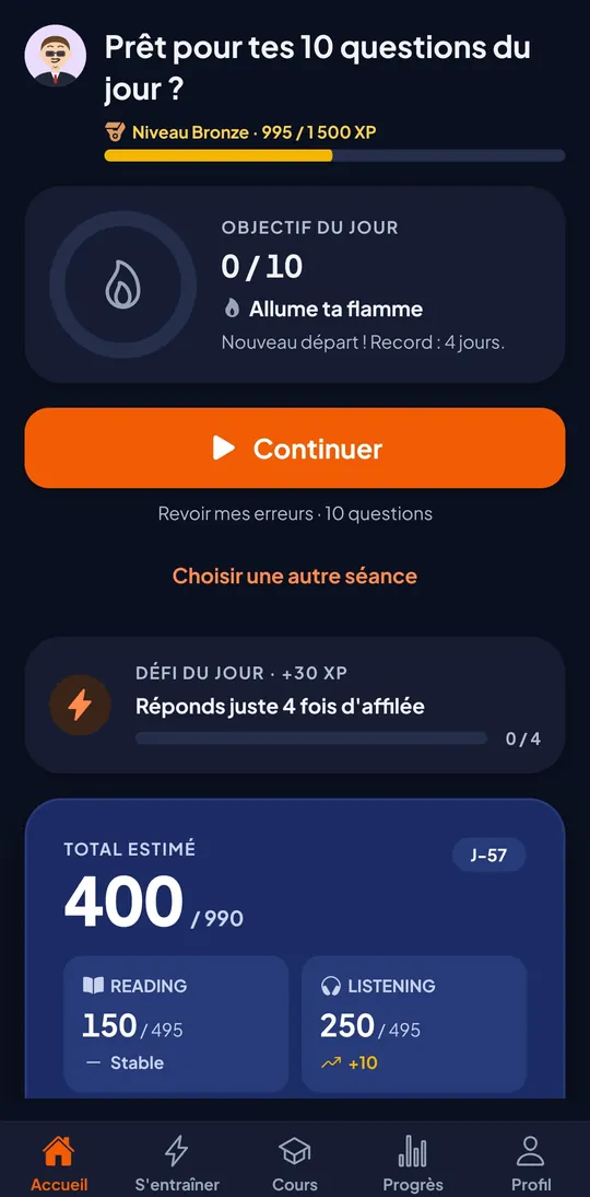 Accueil de l'appli : objectif du jour 0 sur 10 questions, bouton Continuer, défi du jour et carte Total estimé 400 sur 990.