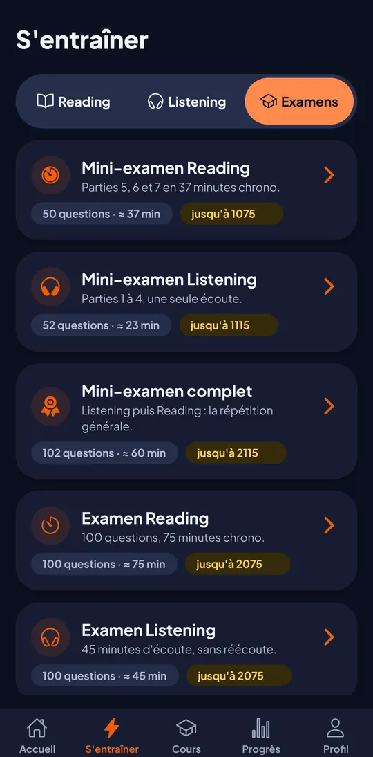 Liste des examens blancs : mini-examens Reading, Listening et complet, examens Reading et Listening de 100 questions.